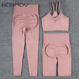 NORMOV 2/3 Pcs Yoga Sets Solid Seamless Sports High Waist Leggings Shorts Push Up Bra Gym Suits Womens Outfits 240425