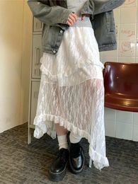 Skirts Deeptown Fairycore Lace White Long Skirt Women Korean Style Asymmetrical Aesthetic Vintage Sweet High Waist Clothes Mujer