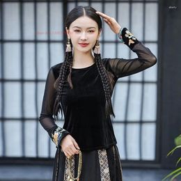 Ethnic Clothing 2024 Traditional Chinese Vintage Shirt National Flower Embroidered O-neck Oriental Mesh Sleeve Folk Base