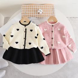 Clothing Sets Spring Autumn Girls Clothes Cute Hollow Out Lover Knitted Cardigan Skirts 2 Pcs Suits