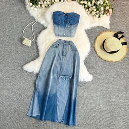 Work Dresses Women Dress Stets Two Pieces Sleeveless Denim Strapless Tops Slim Fit Sexy Sheath High Street Skirts Holes Pockets 2024