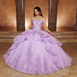 Lilac Quinceanera Dress Off The Shoulder Crystal Ball Gown Appliques Lace Beads Tull Corset Sweet 15 Vestidos De Quinceanera