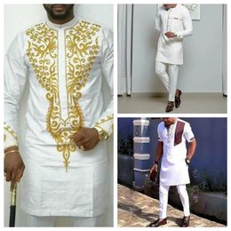 In Suits for Men 2 Piece Sets Men Outfit Long Sleeve Embroidered Casual Top and Solid Colour Pants African Ethnic Men Suit 240419