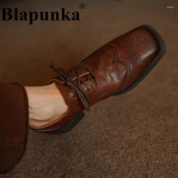 Dress Shoes Blapunka Women Natural Real Leather Cutout Brogues Vintage Cross-tied Lace-up SquareToe Hollow Carved Brogue Oxfords Derby