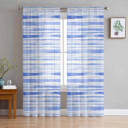 Curtain Watercolour Striped Blue Triangle Tulle Sheer Window Curtains For Living Room Kitchen Children Bedroom Voile Hanging
