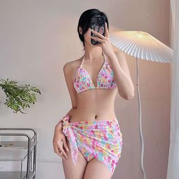 New Girl Bikini Sexy Small Chest Gathering Fashion Printed Split Skirt Swimwear Women's Three Piece Set