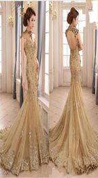 2020 New Sexy Backless High Neck With Capped Short Sleeves Champagne Long Evening Gowns Zuhair Murad Mermaid Lace Formal Dresses E8942670