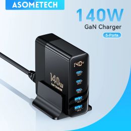 Chargers ASOMETECH 140W GaN USB Charger 3 USB C + 2 USB A Ports,100W PD3.0 PPS AFC Quick Charger For Macbook Laptop iPhone iPad Samsung