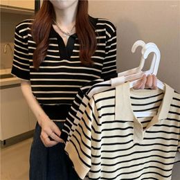 Women's T Shirts Sweet Contrast Striped Knit Sweater Temperament Summer Short Top Casual Polo Collar T-shirt Women