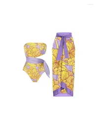 Women's Swimwear Vintage Purple With Yellow Leaves Bikini Sets Swimsuit & Skirt Hollow Out One Piece Off Shoulder Beach Bathing Suits