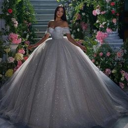 Crystal Off The Shoulder Shiny Dubai Wedding Dress Ball Sweetheart Short Sleeve Pleat Sequined Saudi Arabic Bridal Gown Bes121