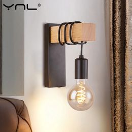 Retro Wood Wall Lamp Vintage Sconce Lights Fixture E27 Indoor Home Decor Dining Room Bedside Bedroom Lighting 240418