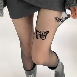 Sexy Socks Womens ultra-thin and tight fitting sexy retro Y2K fake tattoo butterfly black transparent silk pantyhose girl Lolita summer long socks Q2404271