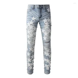 Men's Jeans A690 High Street Models Fashion Ripped Holes Cotton Splicing White Pentagram Stretch Pants Skinny Pencil