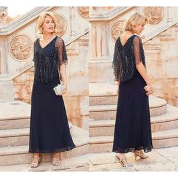 Off New Bride Mother 2018 Groom Dresses Chiffon Navy Blue V Neck Beading Crystal Short Cap Sleeves Tea Length Mother's Formal Gowns 's