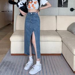 Skirts Irregular Slit Denim Skirt For Women Summer 2024 Hong Kong Style Design Retro High Waist Slim Casual