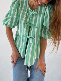 Women's Blouses Women Tie Front Peplum Shirt Y2K Puff Sleeve Striped Babydoll Blouse Tops Summer Cute Ruffle Hem Bow