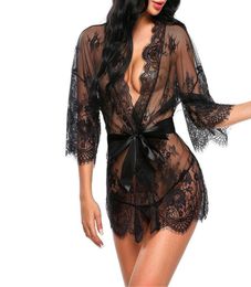 2018 New Women Sexy Babydoll Erotic Sleepwear Women Lace Sheer Lingerie Sexy VNeck Nightwear Robes with Gstring Sleepwear2240341