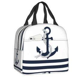 Bags Nautical Blue Anchors With Blue And White Stripes Thermal Insulated Lunch Bags Sailing Sailor Resuable Multifunction Food Box