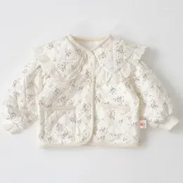 Down Coat Winter Baby Girls Padded Cotton Lace Floral Print Pocket Infant Jacket Plus Thicken Warm Toddler Parkas Outwear
