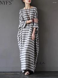 Party Dresses NYFS 2024 Spring Womens Vestidos Robe Elbise Loose Plus Size Cotton Linen Striped Long Dress