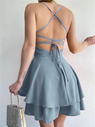 Casual Dresses Summer Backless Cross Tie Up Sling Mini Dress For Women Chic Solid Sleeveless High Waist A-Line Short Pleated Wear