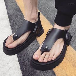 Sandals Summer Mens Fashion Thick Platform Flip Flop Vintage Gladiator Buckle Male Genuine Leather Beach Shoes