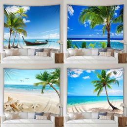 Tapestries Seaside Beach Tapestry Modern Ocean 3D Tropical Palm Tree Summer Scenery Garden Home Living Room Dormitory Decor Wall Hanging