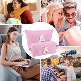 Cosmetic Bags 2 Pcs Chenille Letter Striped Toiletry Bag Cute Pencil Case With Zipper Skin Care Graduation Gifts Birthday For Girls