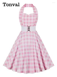 Casual Dresses Tonval Pink Plaid Dress With Elastic Belt Women Halter Neck Backless 50s Vintage Cocktail Birthday Party Sexy