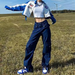 Women's Jeans Women Cargo Pants Blue Baggy Straight Wide Leg Harajuku Vintage High Waist Casual Trousers