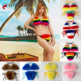 Set Women Sexy Bikini Swimsuit Faxu Fur Bikini Summer Swimwear Bathing Tieup Adjustable Bra Cute Girls Furry Underwear 2 piece Set