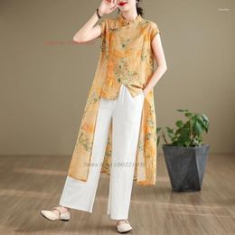 Ethnic Clothing 2024 Chinese Vintage Hanfu Tops National Improved Irregular Blouse Oriental Flower Print Folk