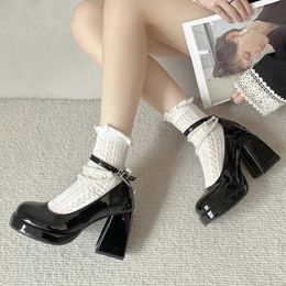 Vintage High Heels Mary Jane Shoes for Women Patent Leather Platform Pumps Woman Pearls Chain Thick-Heeled Shoes Female 240425
