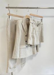 Women's Two Piece Pants Imported Linen Casual Suit 2024 B C Double-breasted Blazer Jacket Shorts High Waist Trousers 3 Set