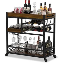 Industrial Bar Cart with Wine Glass Frame, 3 Layers of Storage, 2 Portable Trays, Universal Casters with Brakes - Sturdy Kitchen Service Cart