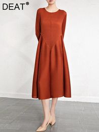 Casual Dresses Pleated Dress Women Round Collar Full Sleeve Solid Colour Medium Long A Line Simplicity Fashion Autumn 2024 Female