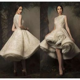 Low High Krikor Dresses Jabotian 2020 Jewel Neck Lace Sequined Short Wedding Dress Ruched Organza Bridal Gowns