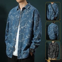 Spring and Autumn Fashion Printed Long Sleeve Denim Shirt Mens Casual Relaxed Comfortable Breathable Large Size 240428
