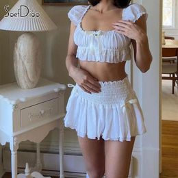 Work Dresses Soefdioo Cute Stunning Ruffles Two Piece Sets Women Sexy Puff Sleeves Crop Tops And Pleated Mini Skirts Matching 2024 Clubwear