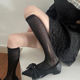 Women Socks Solid Broken Calf Summer Simple Ultra-thin Stockings Korean Fashion Cotton Black White Mid-calf Stacked