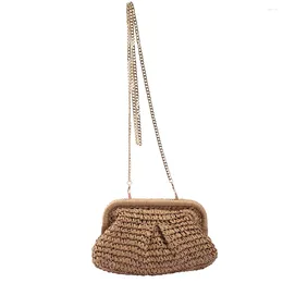 Evening Bags Women Straw Crossbody Bag Large Capacity Clutch Purse Solid Colour Cloud Dumpling Pouch Chain Strap For Summer Vacation