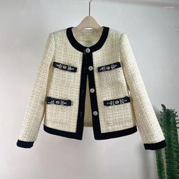 Women's Jackets High Quality O Neck Stitching Small Fragrance Women Coat French Fashion Beaded Light Luxury Tweed Elegant Basic Long Sleeve