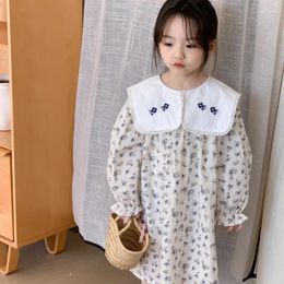 Girl Dresses Baby Clothes Kids Dress Spring 2024 Vintage Printed Large Lapel Embroidered Sweet Rural Style Long Sleeved