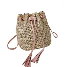 Drawstring Fashion Women Bag Sweet Beach All-match Straw Solid Color Shoulder Concise Bucket Shape
