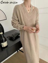 Casual Dresses Khaki Wool Dress Women Oversized 2024 Autumn Hollow Out V Neck Knitted Pullover Vestido Winter Chic Party Long Knitwear