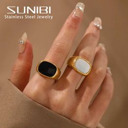 Band Rings SUNIBI Square Retro Shell Womens Ring Stainless Steel White Gold Large Head Ring Party Jewellery Accessories Dinner Gift Q240427