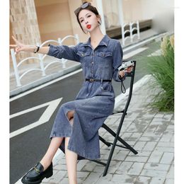 Casual Dresses 2024 Spring Autumn Clothing Overknee Long Women's Retro Temperament Waist-Controlled Slimming Tall Sleeve Denim Dress