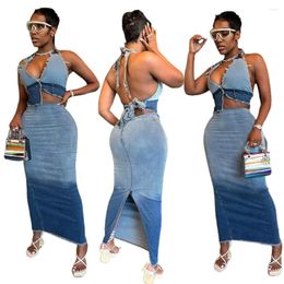 Work Dresses Wholesale Clothing Women Two Tone Acid Wash Fashion Sexy Denim Backless Crop Top And Maxi Skirt Set Woman Piece Outfit Sets