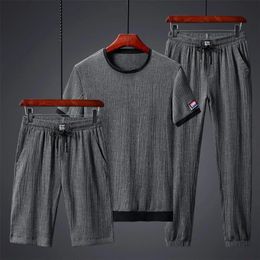 Mens 3 Piece Fashion Sports Suit Men T-shirt Shorts Trousers Ice Silk Gym Outfit Jogging Polyester Men Sportwear Set Streetwear 240425